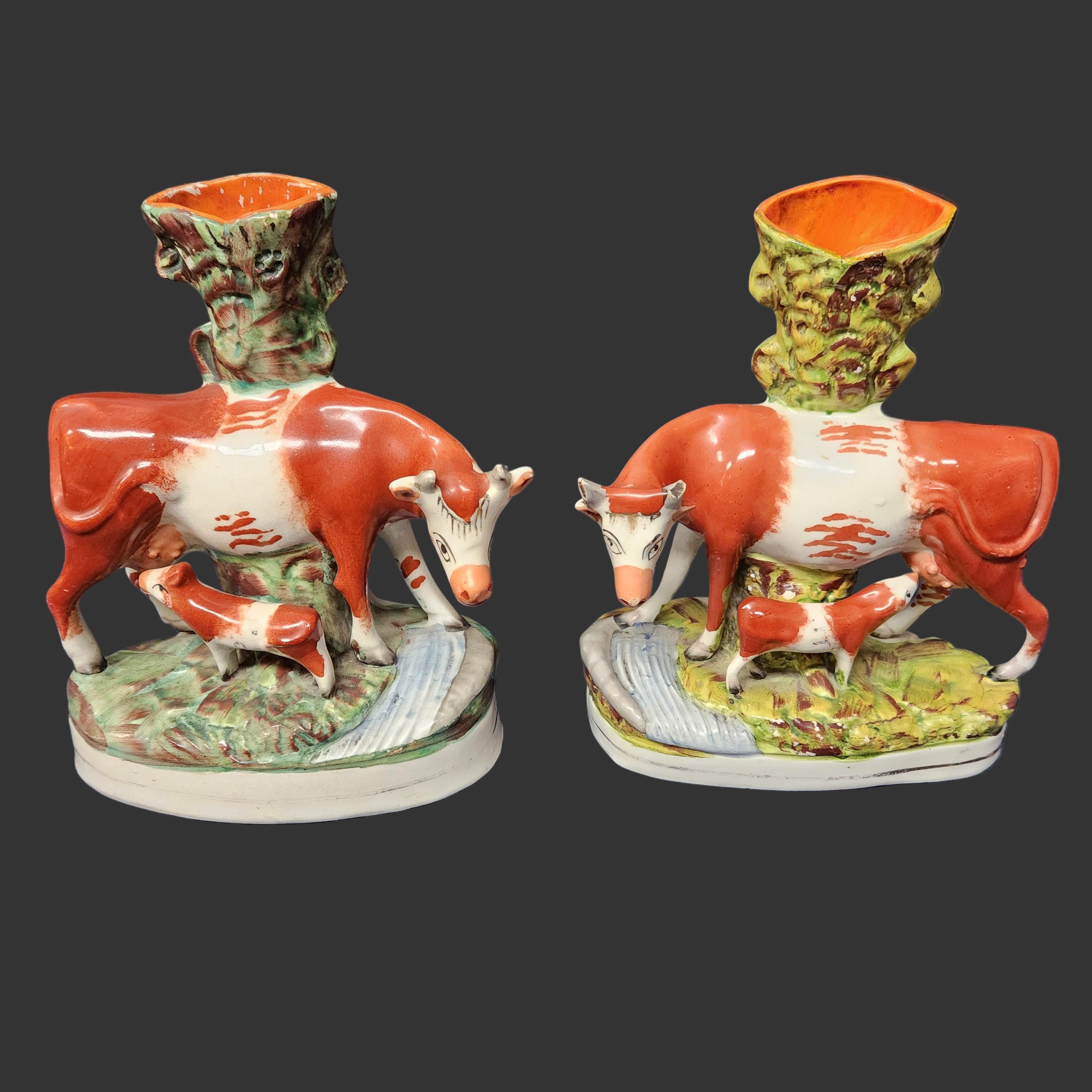 Pair Victorian Staffordshire Flat-Back Cow's with Calf