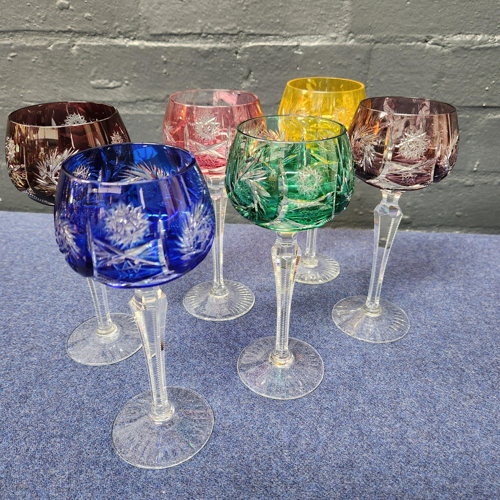 Set of 6 Hand Cut Bohemian Harlequin Hock Glasses