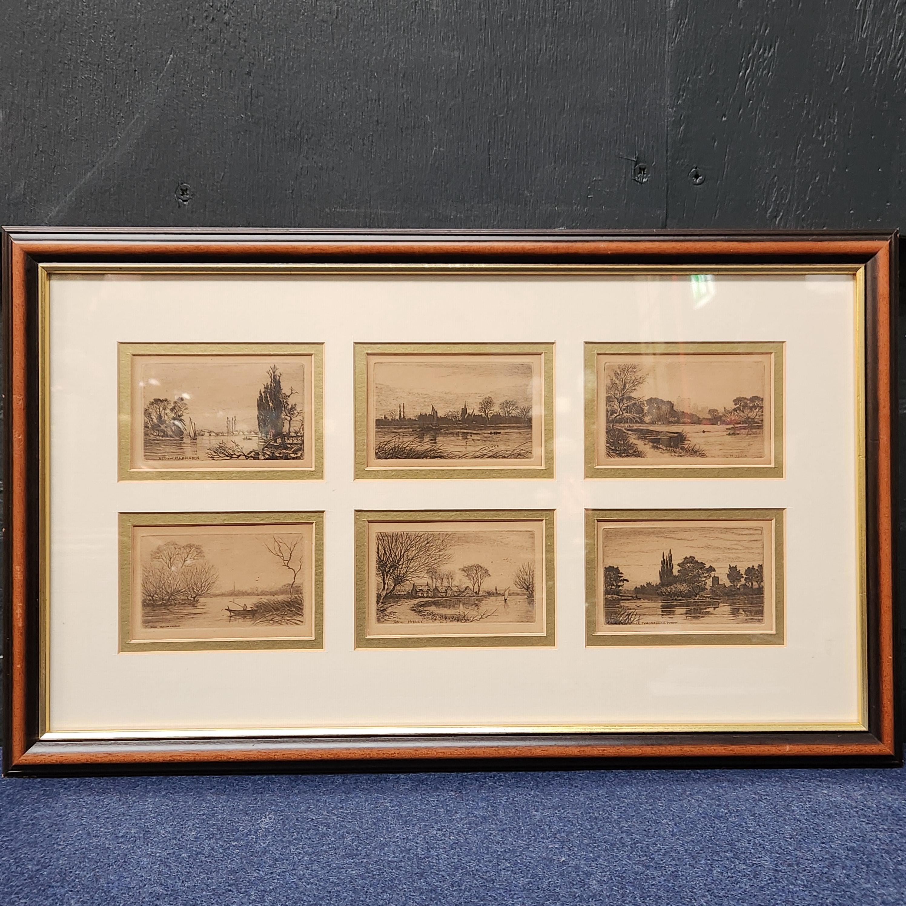 Framed set of 6 etchings of the River Thames. Possibly Wildred Ball
