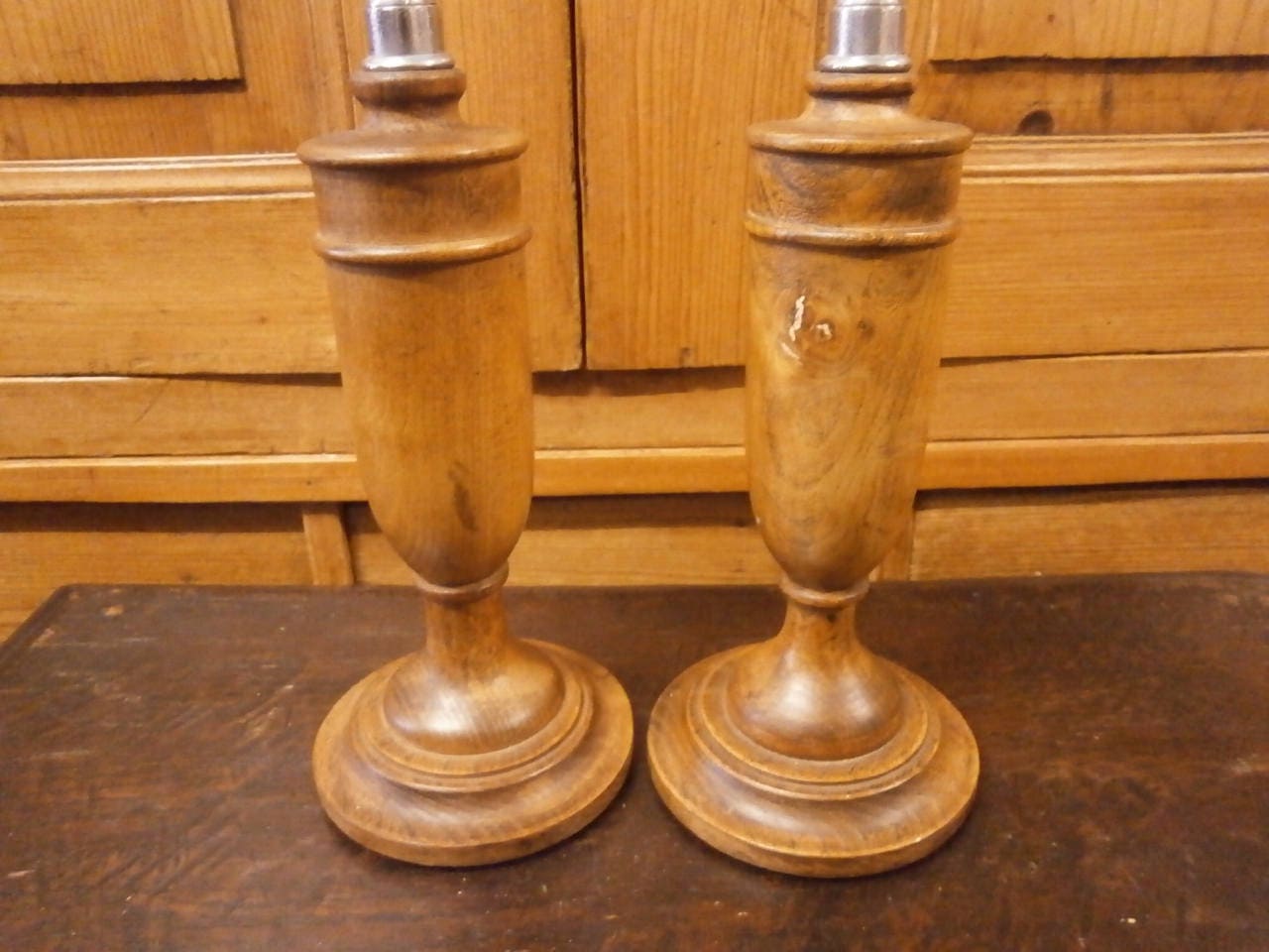 Pair of Art Deco Oak and White Metal Candlesticks - Vintage