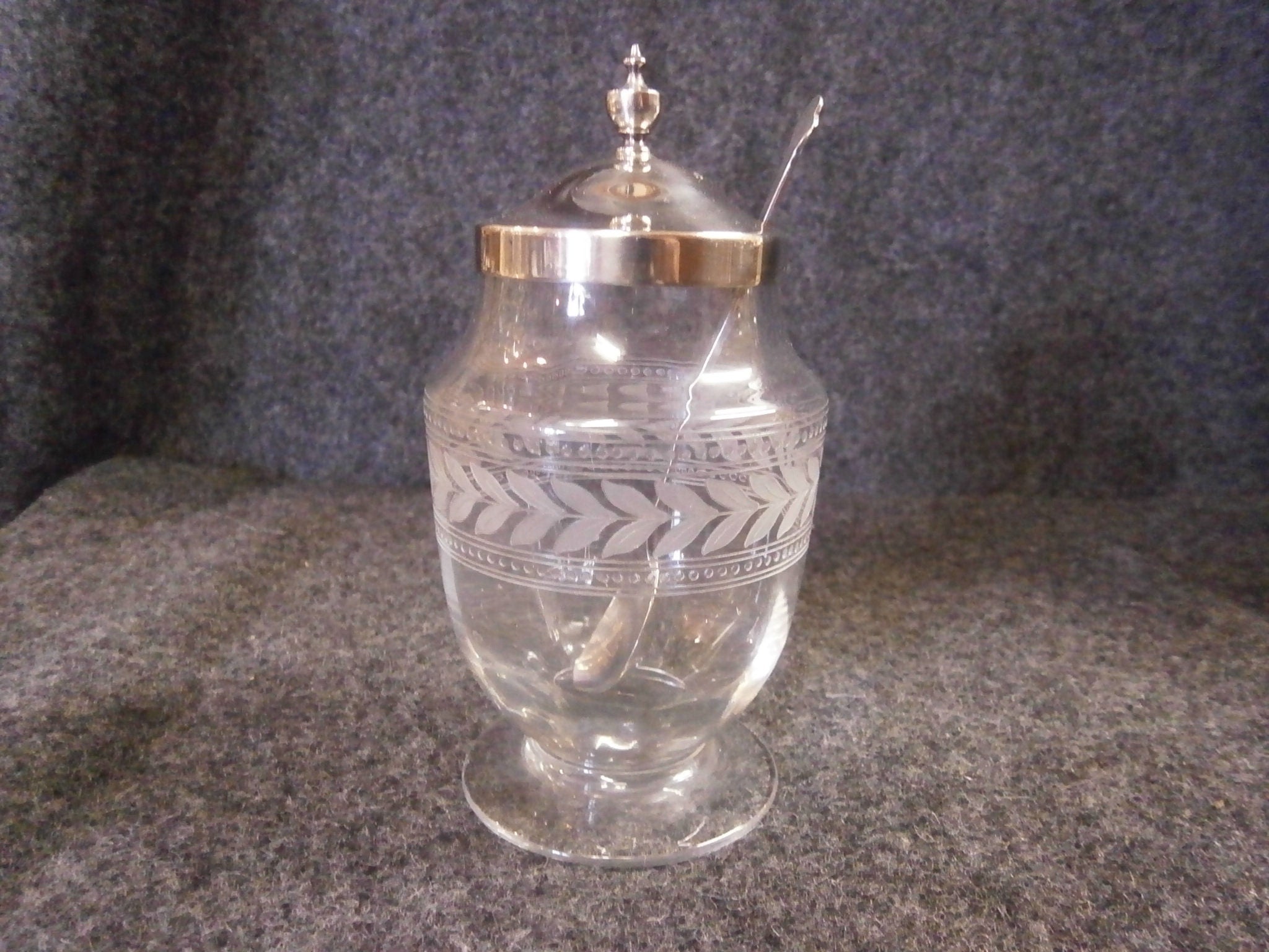 Hallmarked Silver Topped Preserve Pot & Spoon
