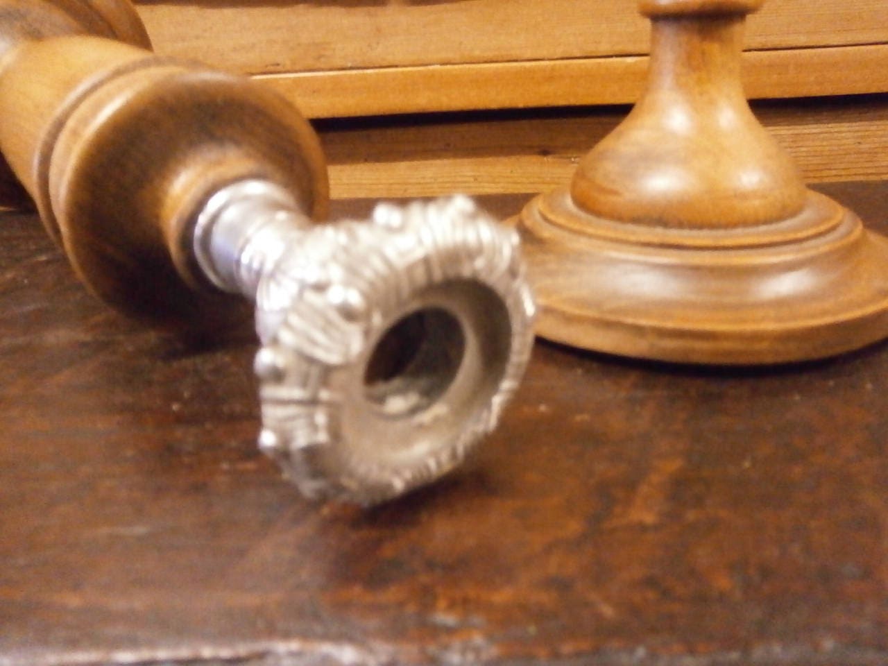 Pair of Art Deco Oak and White Metal Candlesticks - Vintage