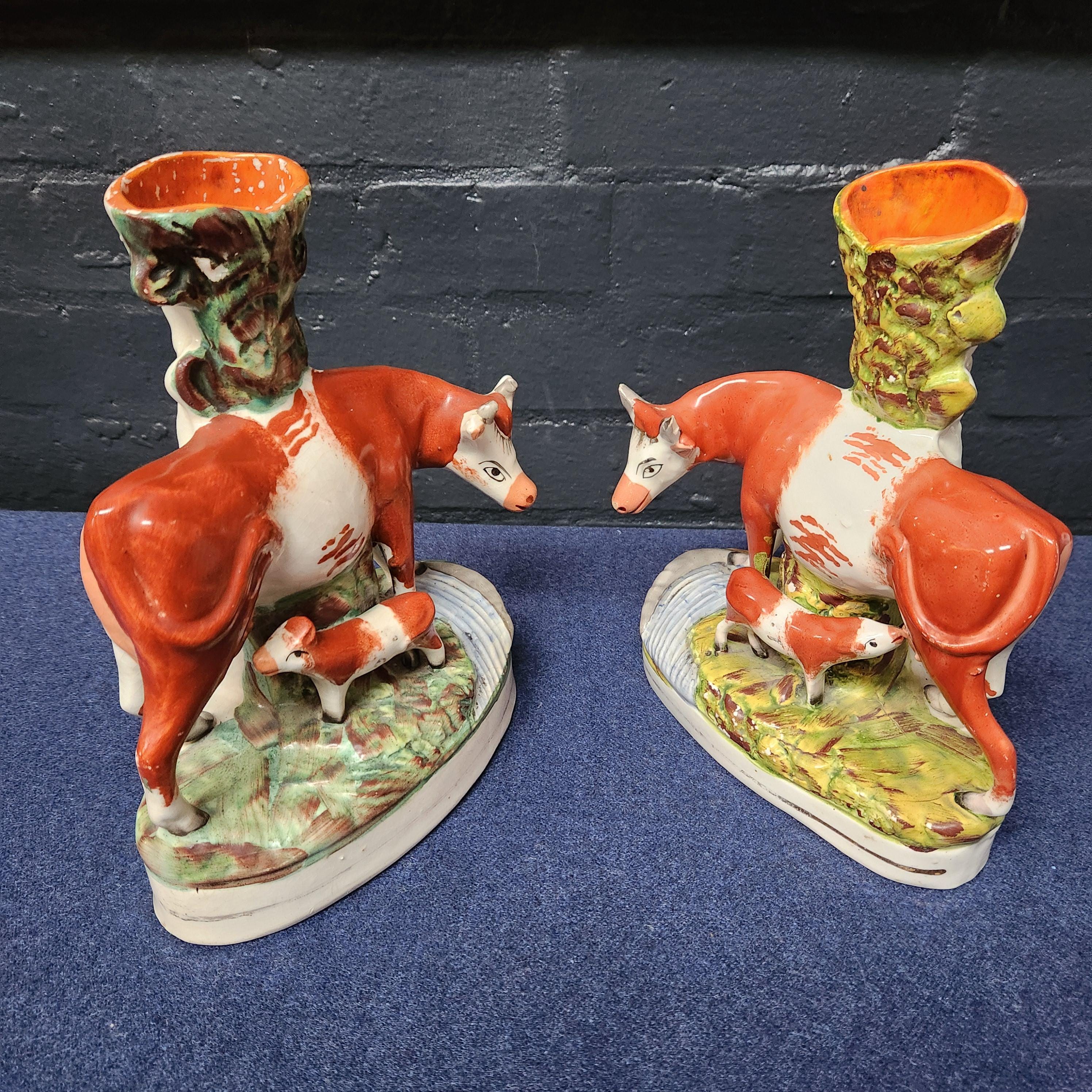 Pair Victorian Staffordshire Flat-Back Cow's with Calf
