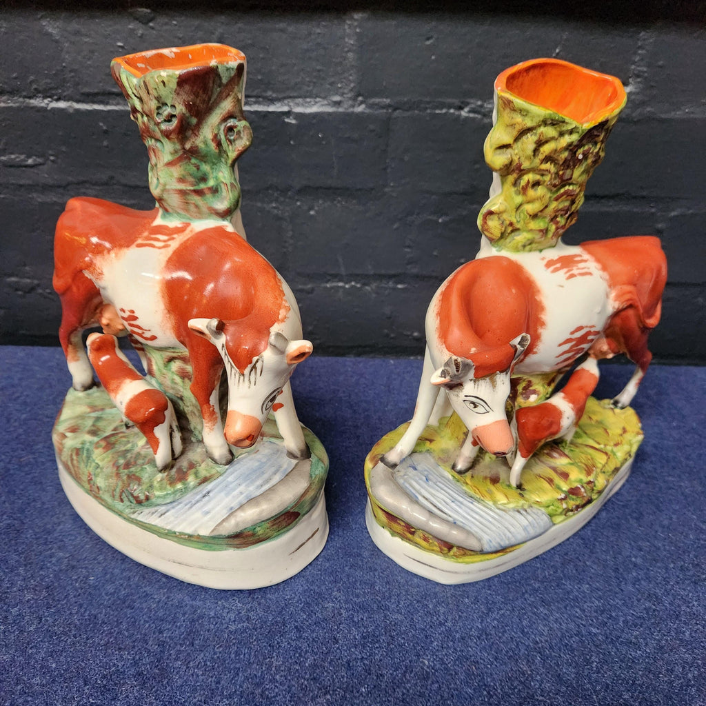 Pair Victorian Staffordshire Flat-Back Cow's with Calf