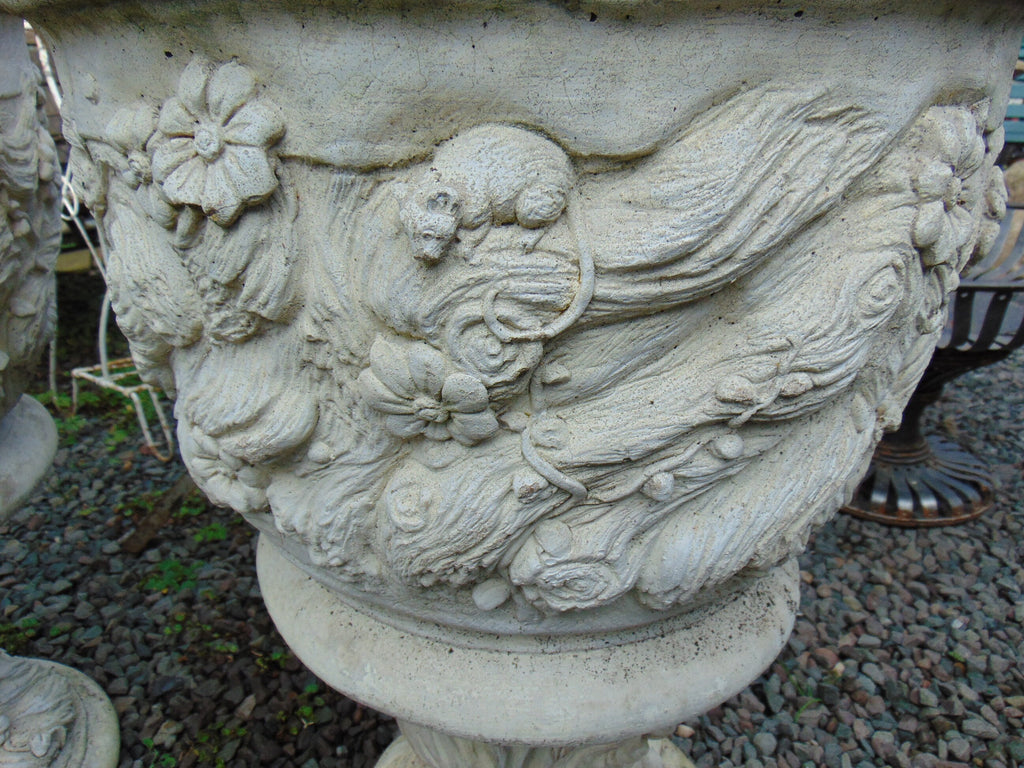 Pair Large Weathered Reconstituted Stone Urns Decorated with Flowers