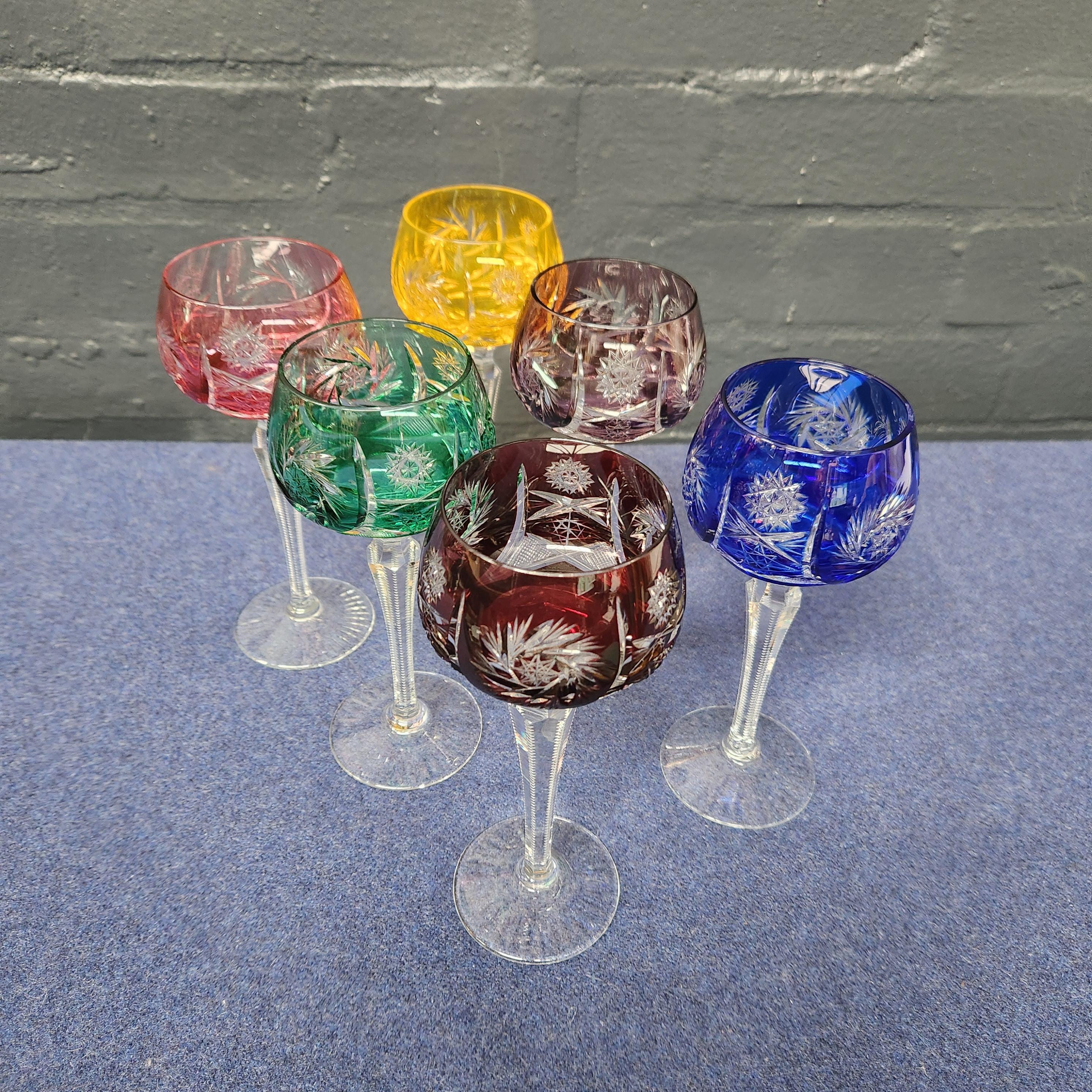 Set of 6 Hand Cut Bohemian Harlequin Hock Glasses