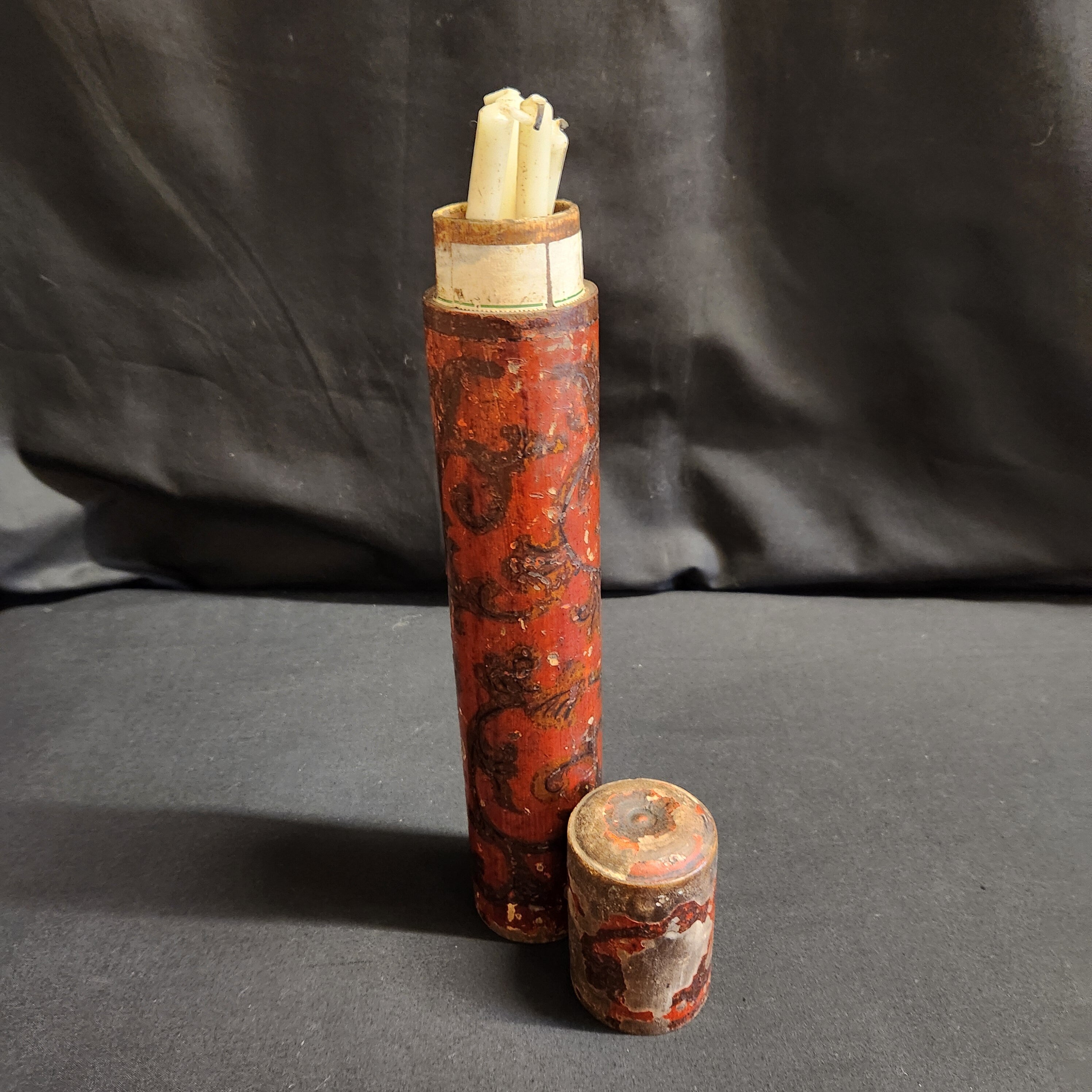 Circa Late 18thC Wooden Lidded Tubular Candle/Taper Holder, Decoupage in Red with Gilt