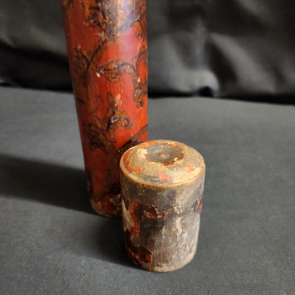 Circa Late 18thC Wooden Lidded Tubular Candle/Taper Holder, Decoupage in Red with Gilt