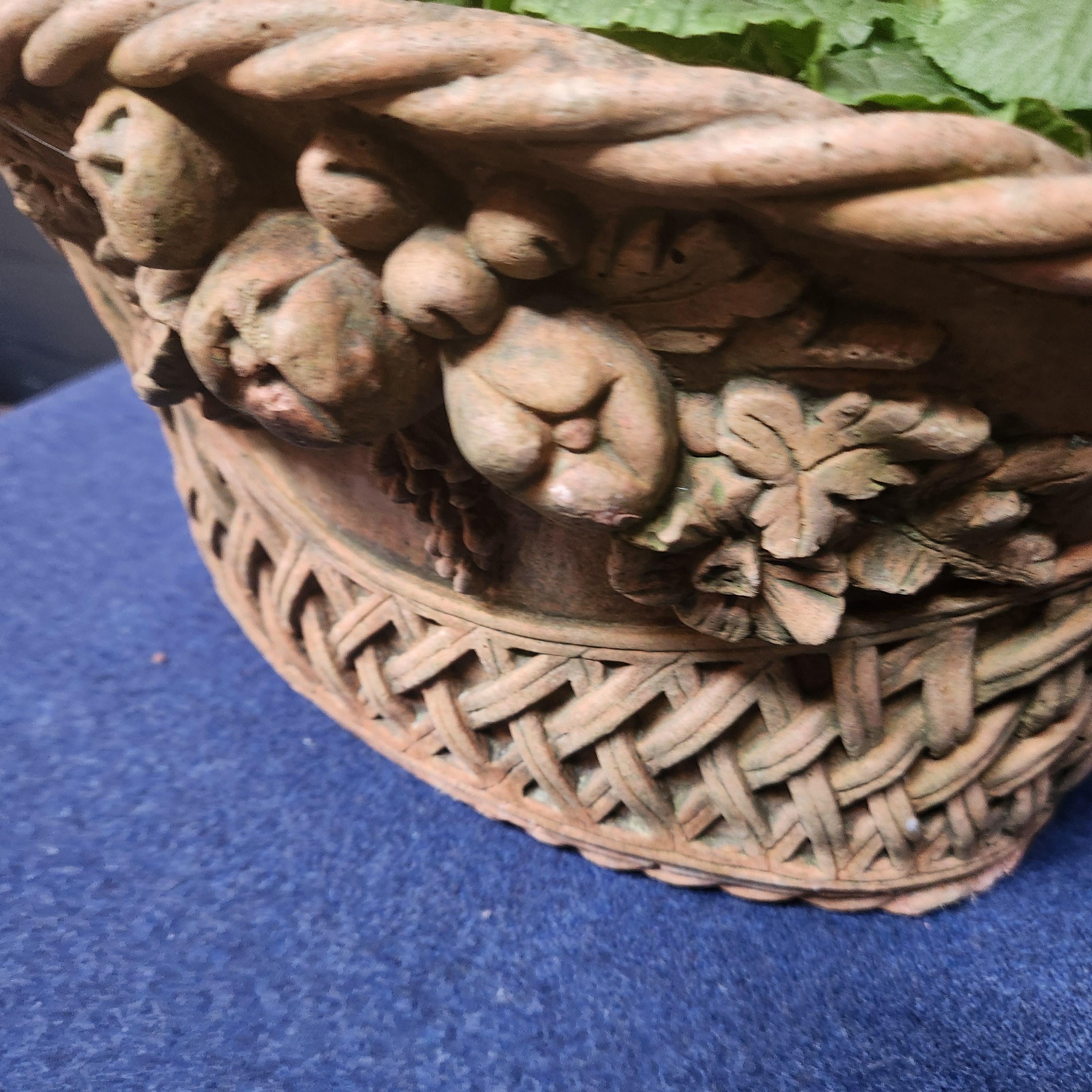 Pair Ornate Weathered Terracotta Basket Weave Style Planters