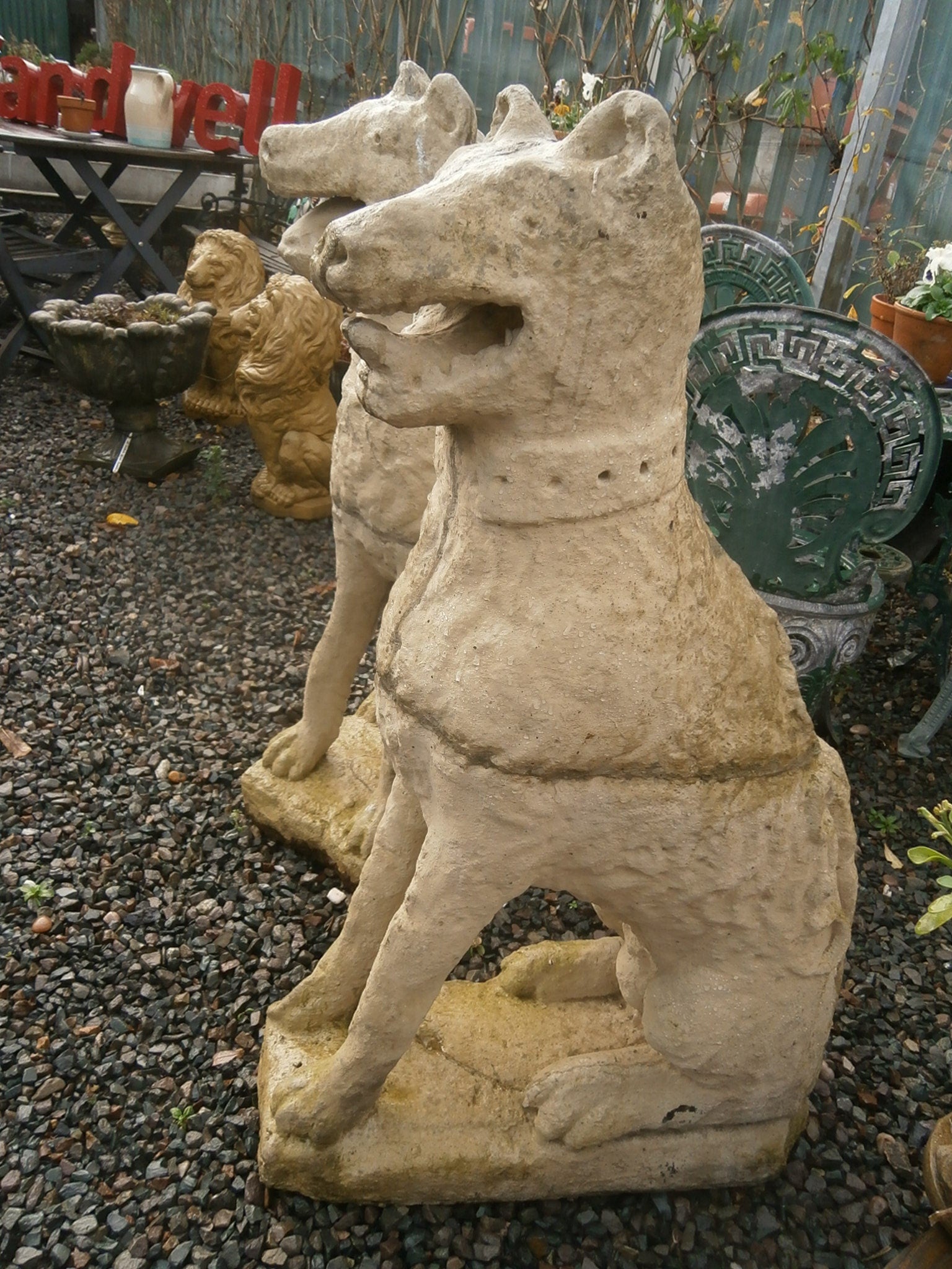 Pair Large Imposing Cast Stone 16thC Style Dogs