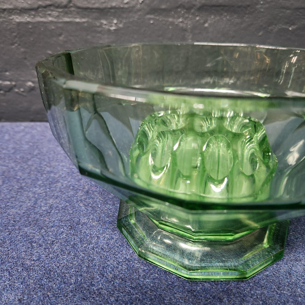 Art Deco Green Glass Rose Bowl with Flower Frog