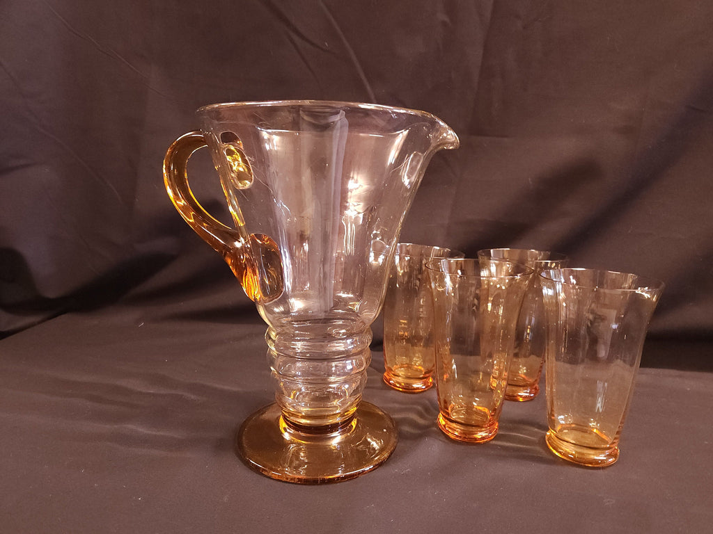 Art Deco, Possibly Whitefriars Glass, Lemonade Jug and 4 Tumblers