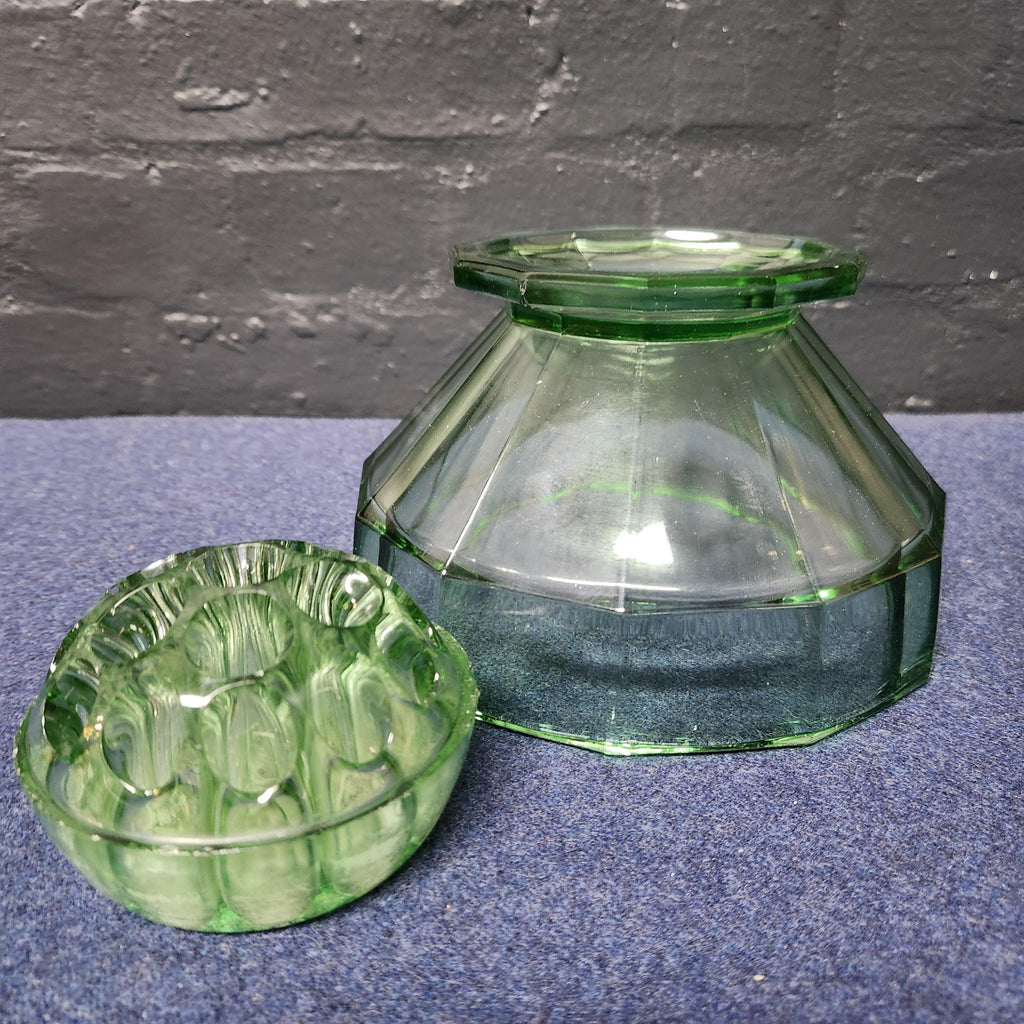 Art Deco Green Glass Rose Bowl with Flower Frog