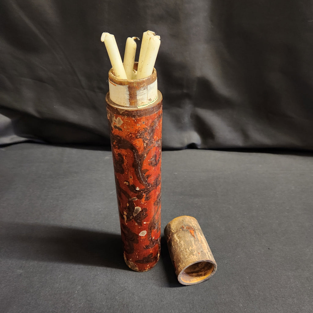 Circa Late 18thC Wooden Lidded Tubular Candle/Taper Holder, Decoupage in Red with Gilt