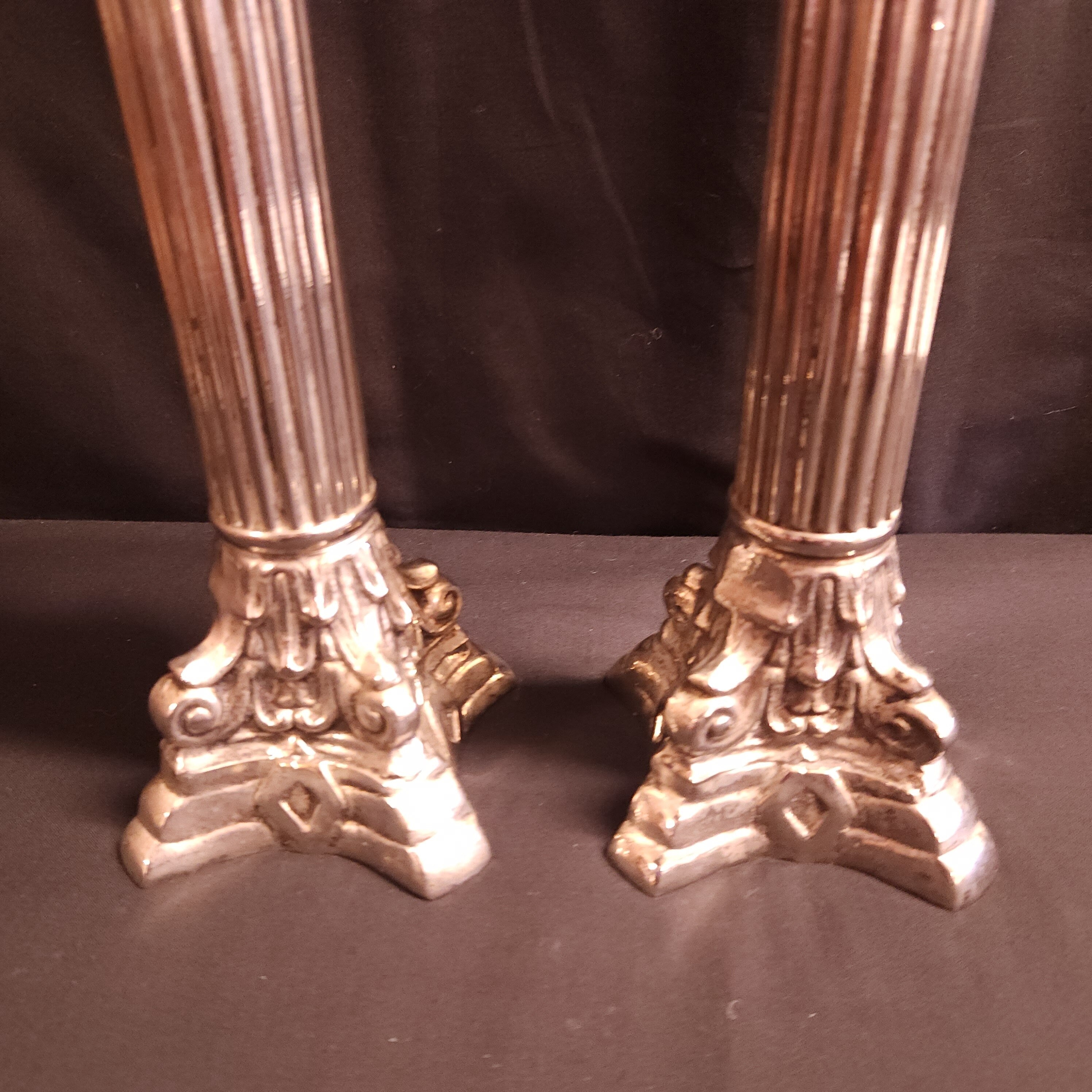 Pair Vintage Mid-Century Corinthian Column Candlesticks, Silver Plated