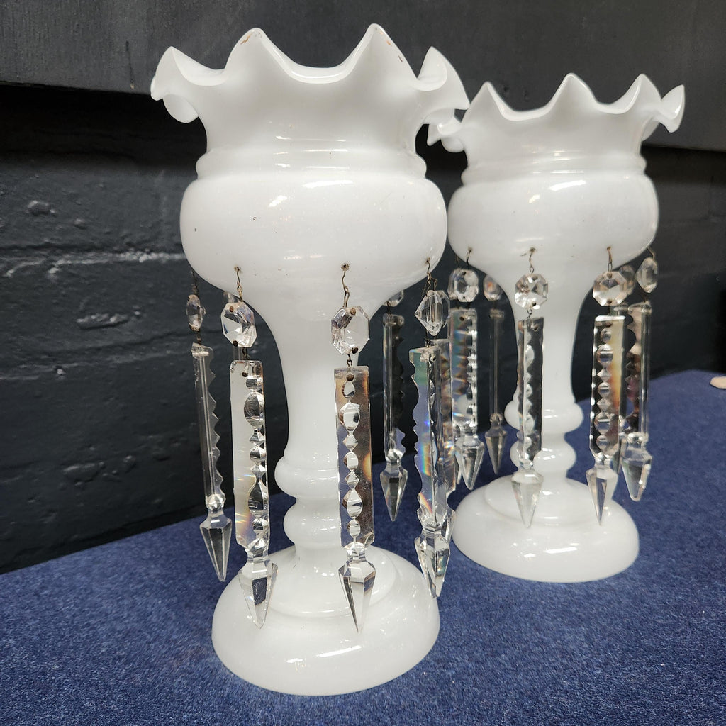 Pair Victorian Milk Glass Lustre's
