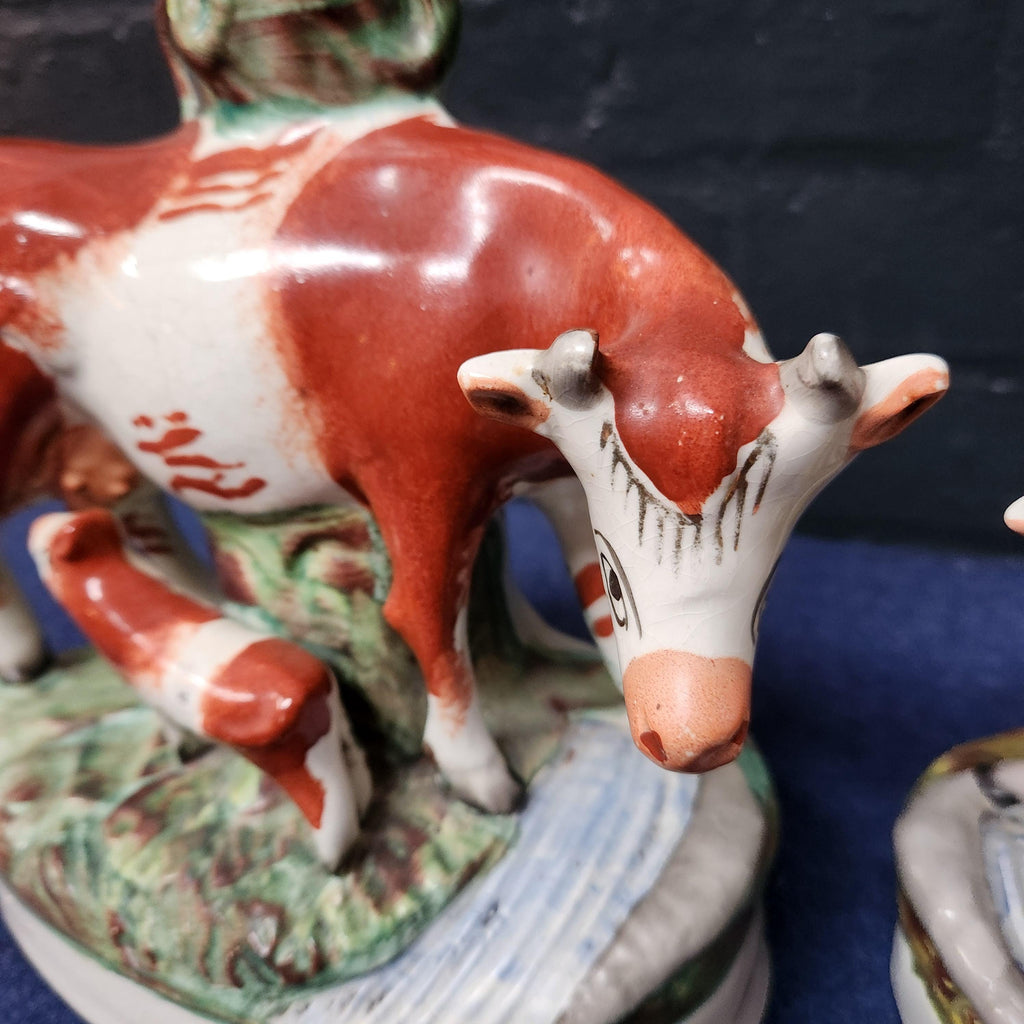 Pair Victorian Staffordshire Flat-Back Cow's with Calf