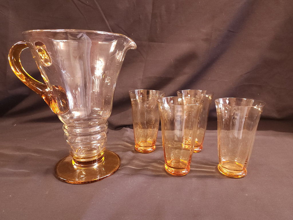 Art Deco, Possibly Whitefriars Glass, Lemonade Jug and 4 Tumblers