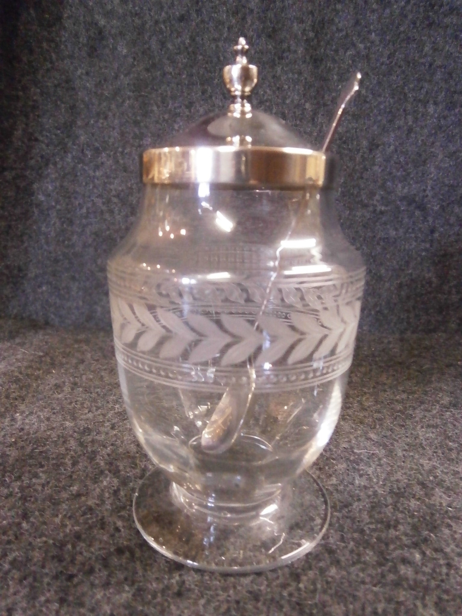 Hallmarked Silver Topped Preserve Pot & Spoon