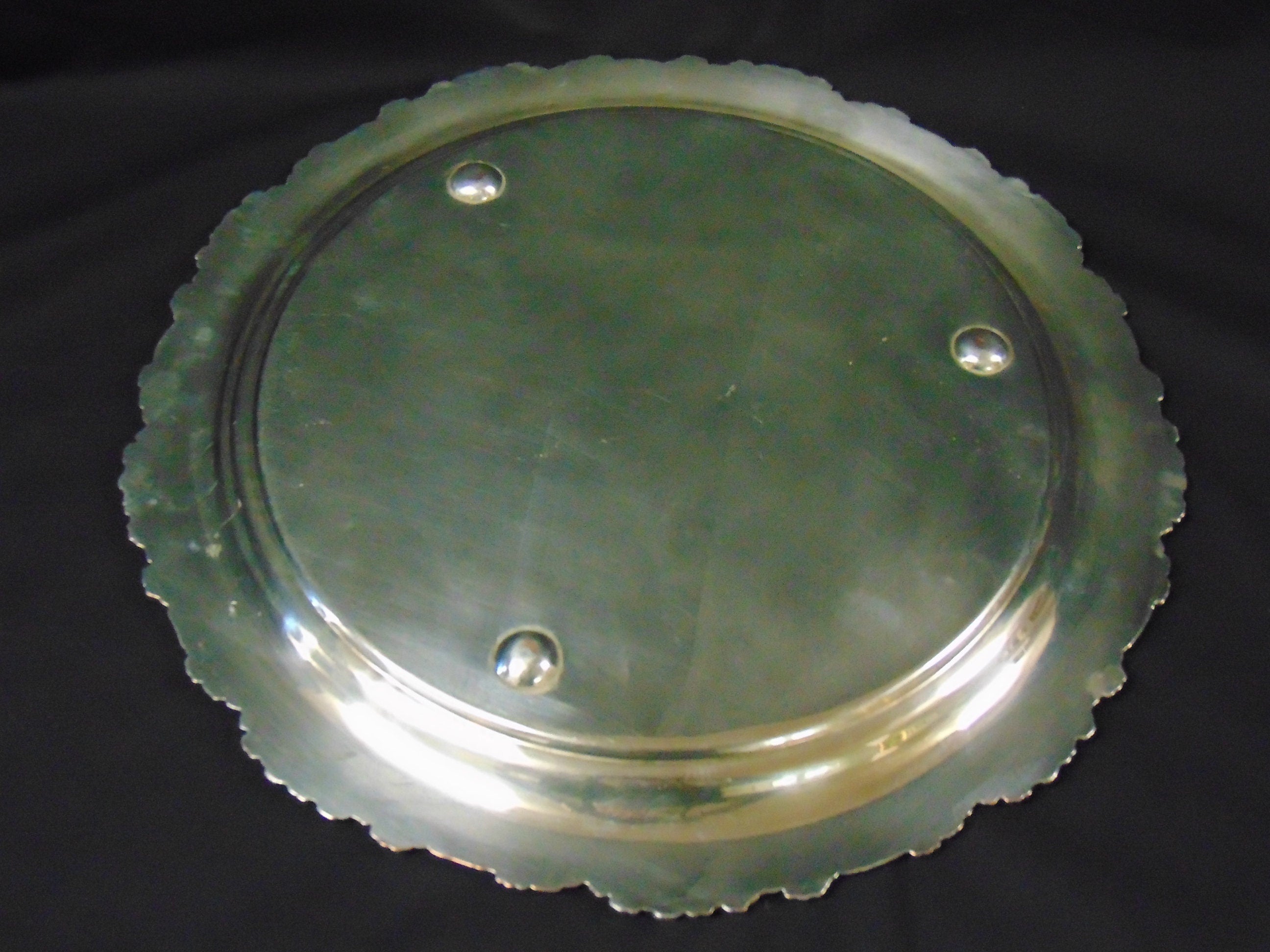 Circular Silver Plate on Copper Tray Decorated with Grapes and Vine Leaves