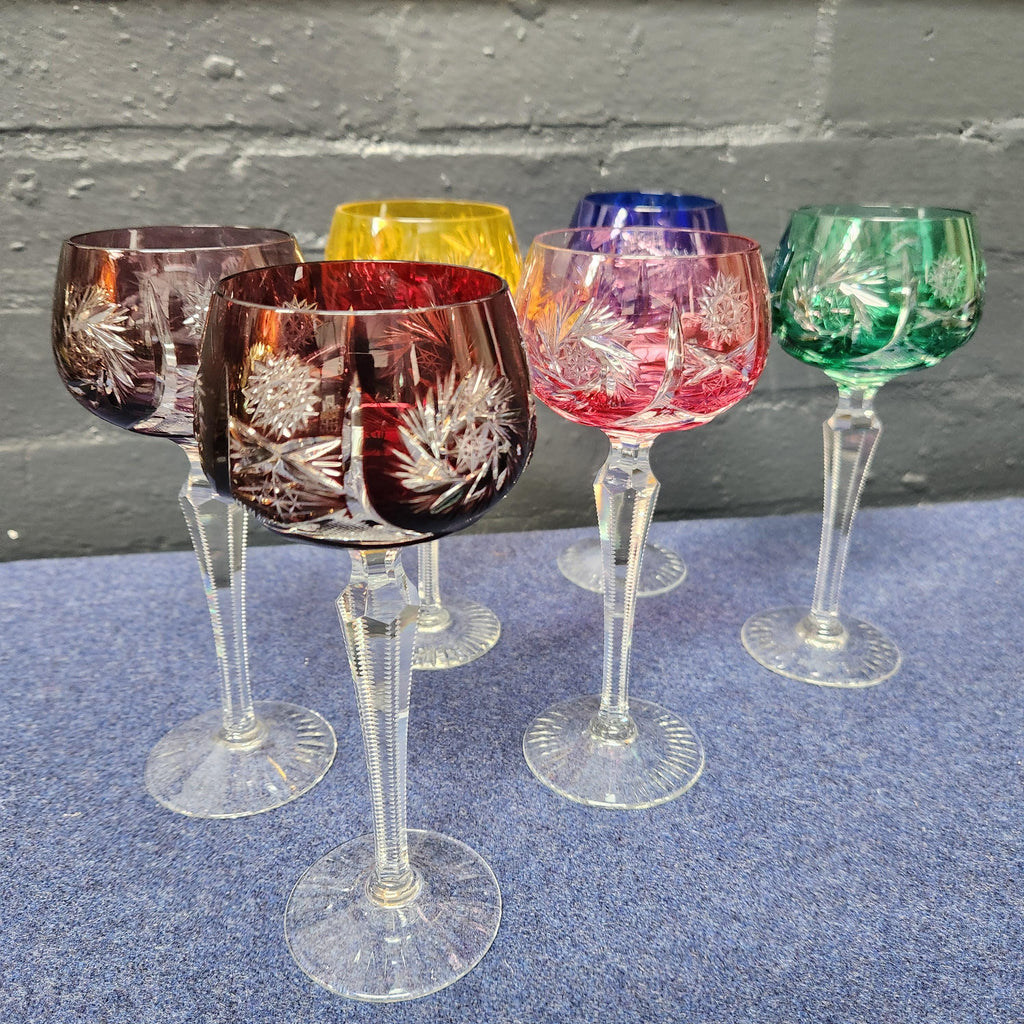 Set of 6 Hand Cut Bohemian Harlequin Hock Glasses
